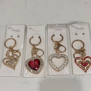 NWT Crystal Heart Keychain Set - Gold and Red